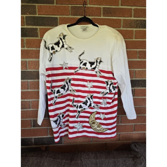 Accessory Lady Tops - Whimsical Cow Jumps Over Moon Sequin Beaded Large Top Bling Party Accessory Lady